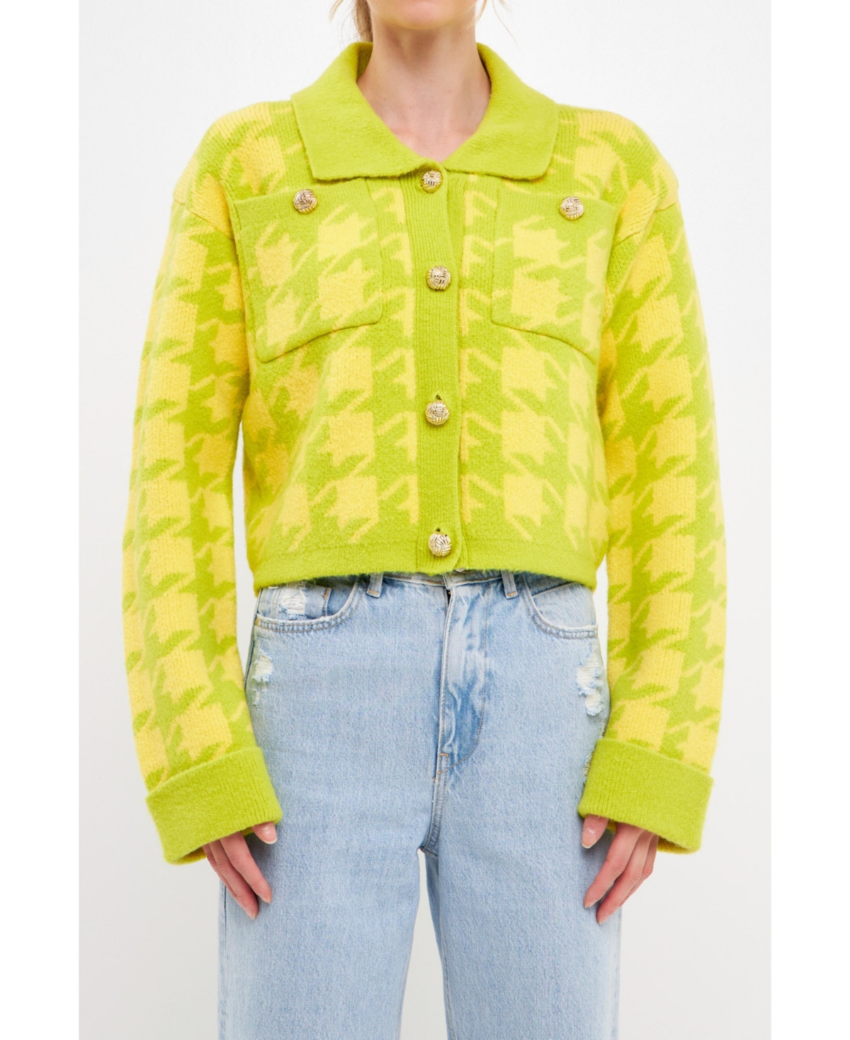 English Factory Houndstooth Cropped Cardigan Sweater In Lime/yellow