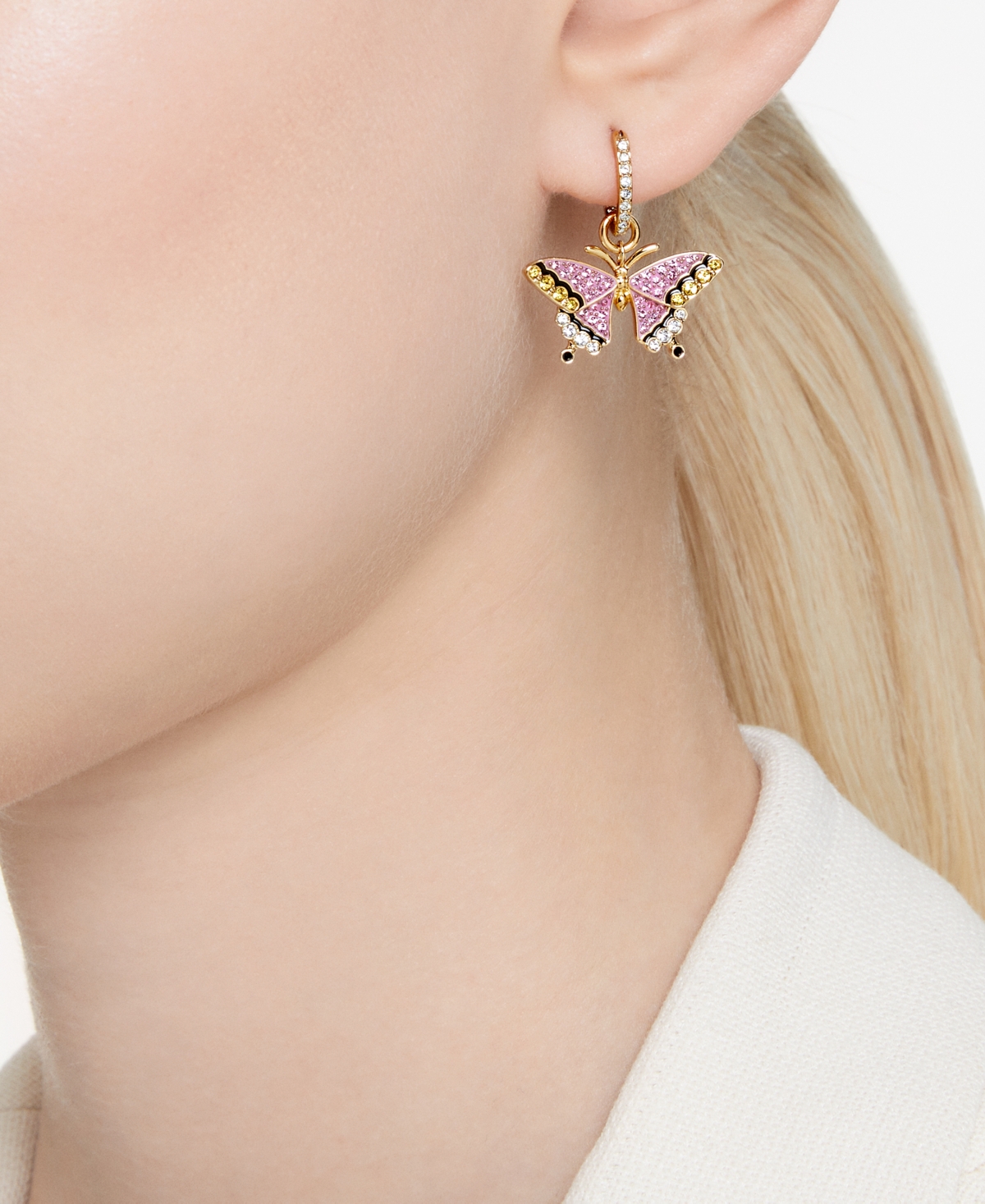 Swarovski Gold-Tone Multicolor Pave Butterfly Charm Hoop Earrings