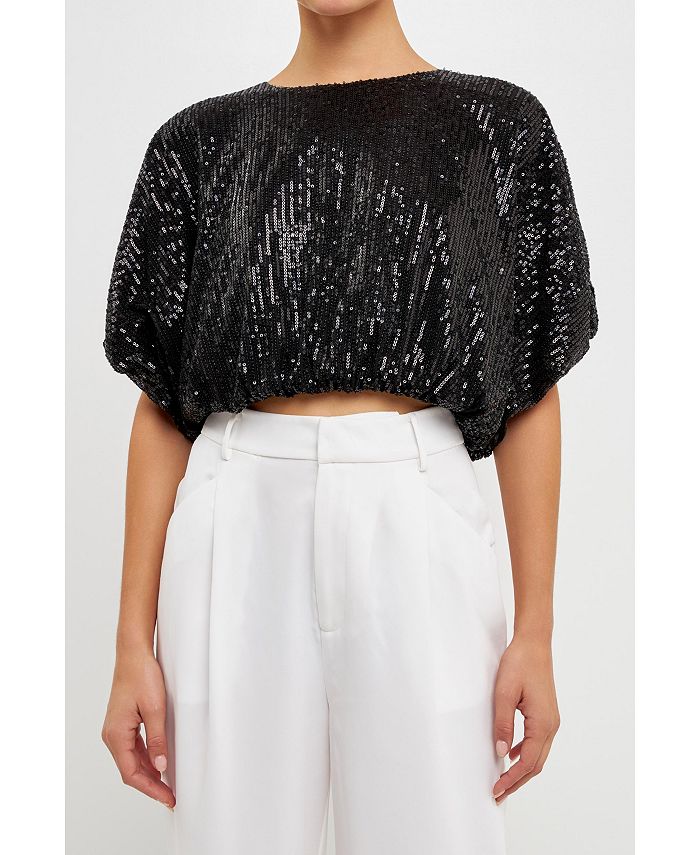 endless rose Women's Sequins Cropped Puff Top Macy's