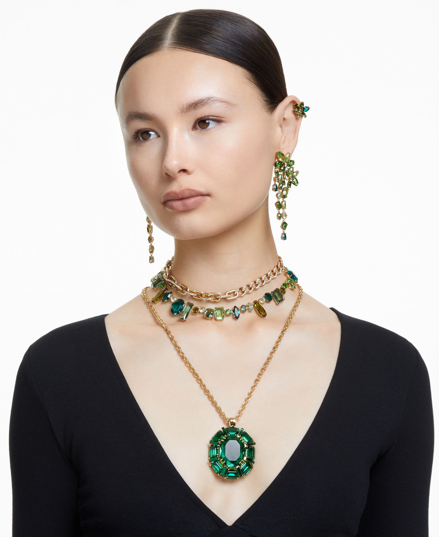 Gold-Tone Green-Hued Crystal Mixed Cut Collar Necklace, 14" + 1-3/4" extender