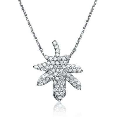 Sterling Silver White Cubic Zirconia Stones Maple Leaf Pendant