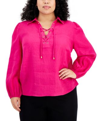 International Concepts Plus Size Lace-Up Puff-Sleeve Blouse