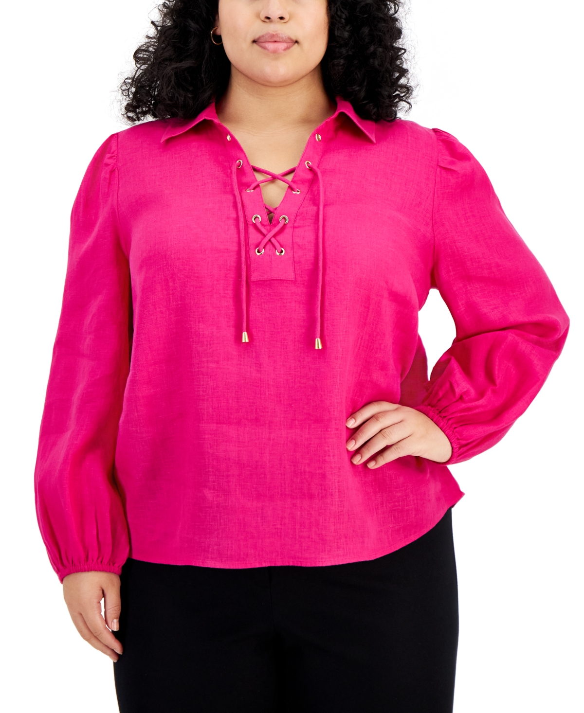 Inc International Concepts Plus Size Lace-up Puff-sleeve Blouse, Created For Macy's In Pink Tutu