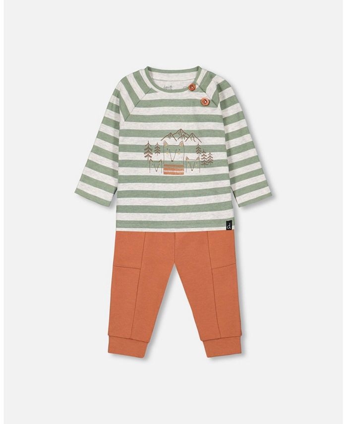 Deux par Deux Baby Boy Organic Cotton Printed Top And Pants Set Sage Green Stripe And Mocha