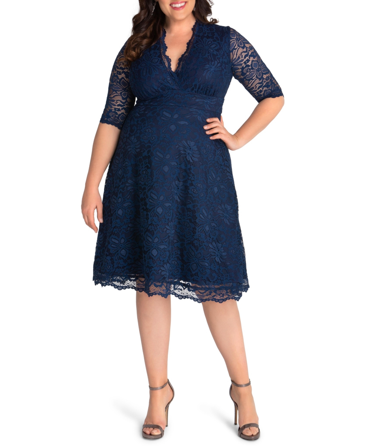 Plus Size Mademoiselle Lace Cocktail Dress with Sleeves - Coral