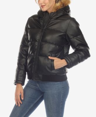Women's Removable Furry Hoodie Bomber Leather Jacket