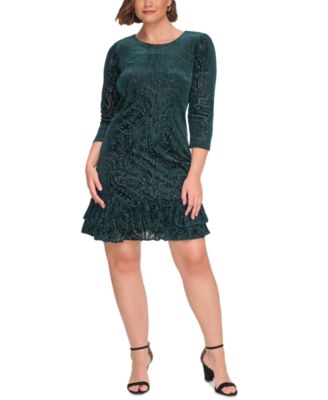 Tommy Hilfiger - Plus Size Ruffled Velvet Burnout Shift Dress