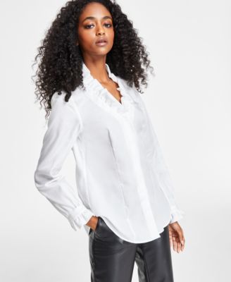 Anne Klein - Women's Cotton Ruffle-Neck Button-Down Shirt