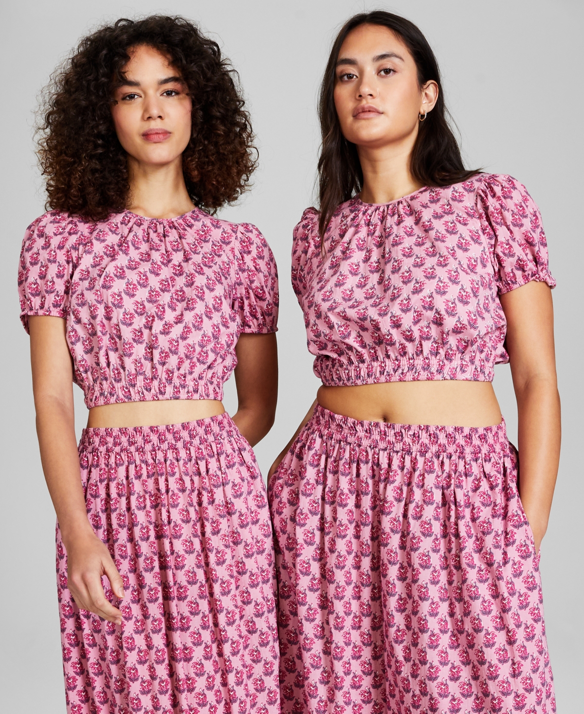 And Now This Women's Printed Puff-sleeve Cropped Cotton Top, Created For Macy's In Pink Block Print