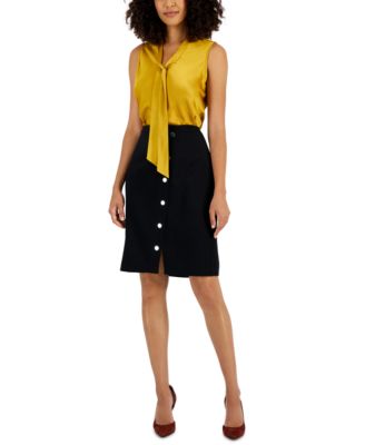 Kasper Womens Sleeveless Matte Satin Tie Neck Blouse Faux Snap Front Pencil Skirt In Black