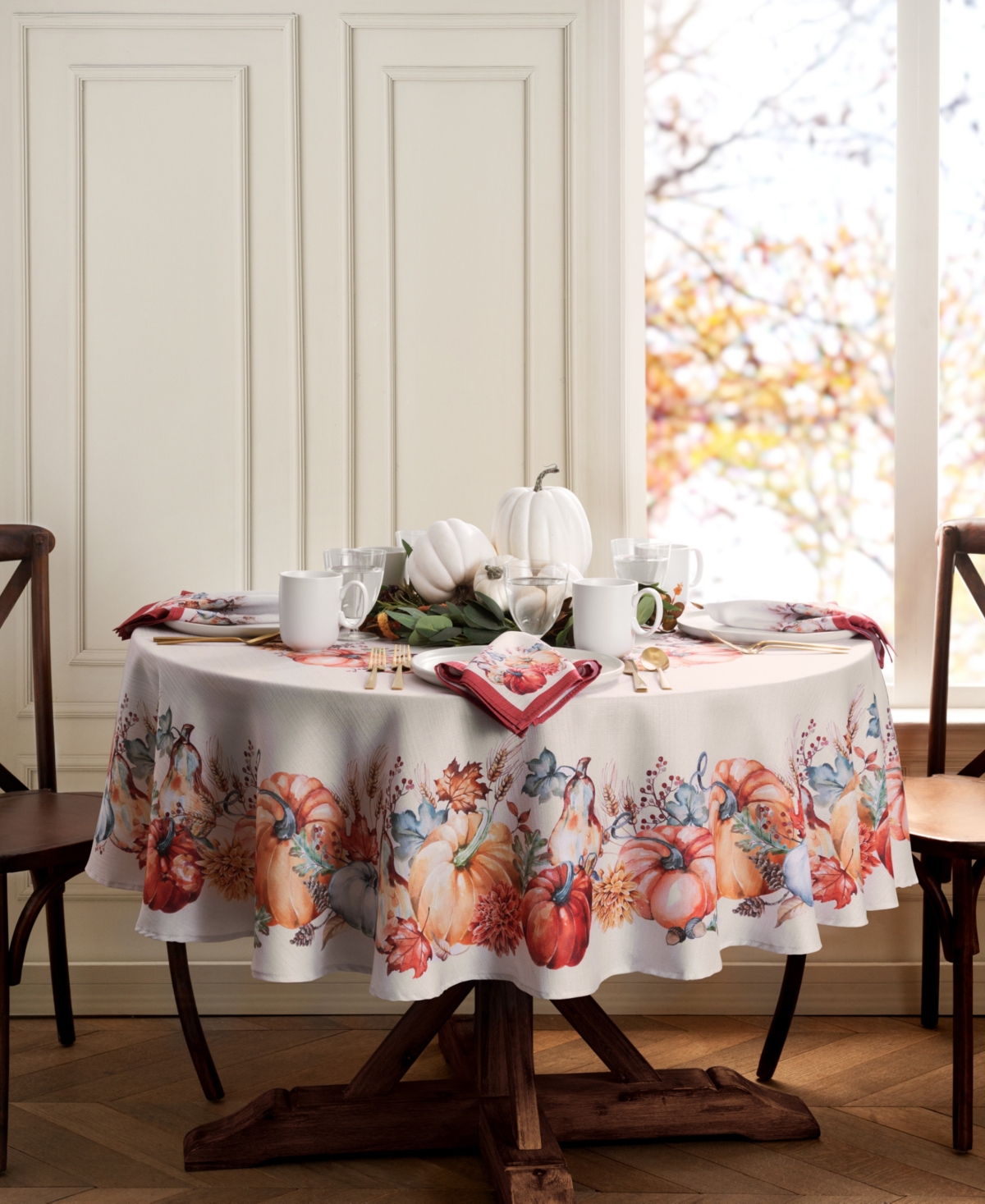 Elrene Botanical Harvest Pumpkin Engineered Tablecloth, 60" X 84" Oval In Multi