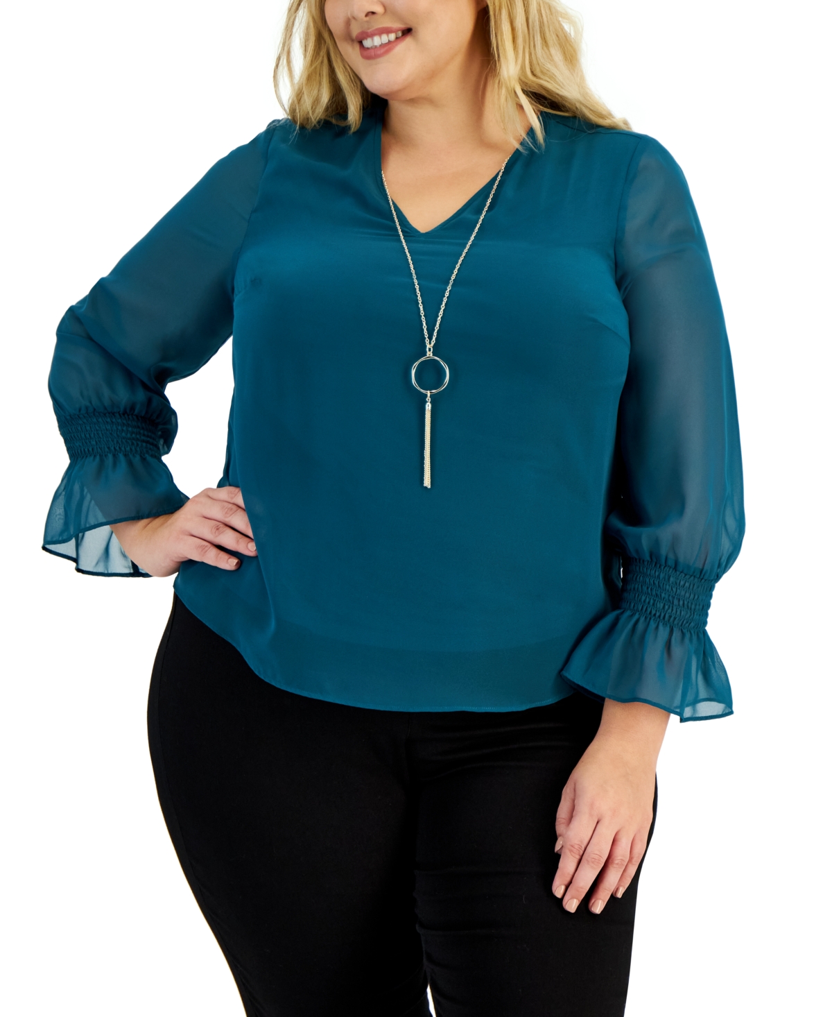 Plus Size Smocked-Sleeve Necklace Top, Created for Macy's - Teal Evergreen