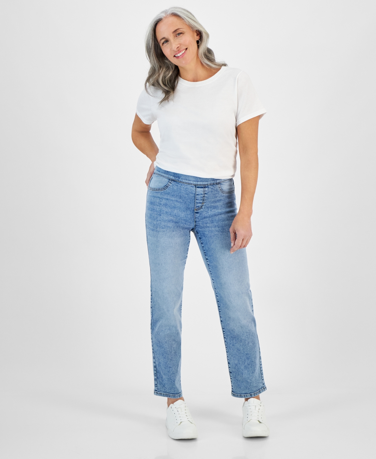 STYLE & CO PETITE MID-RISE PULL-ON STRAIGHT JEANS, CREATED FOR MACY'S
