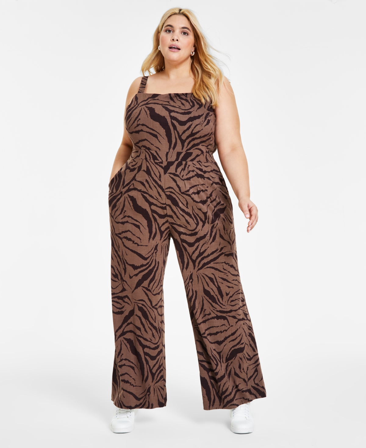 Bar Iii Plus Size Printed Sleeveless Jumpsuit, Created For Macy's In Chelsea Zebra