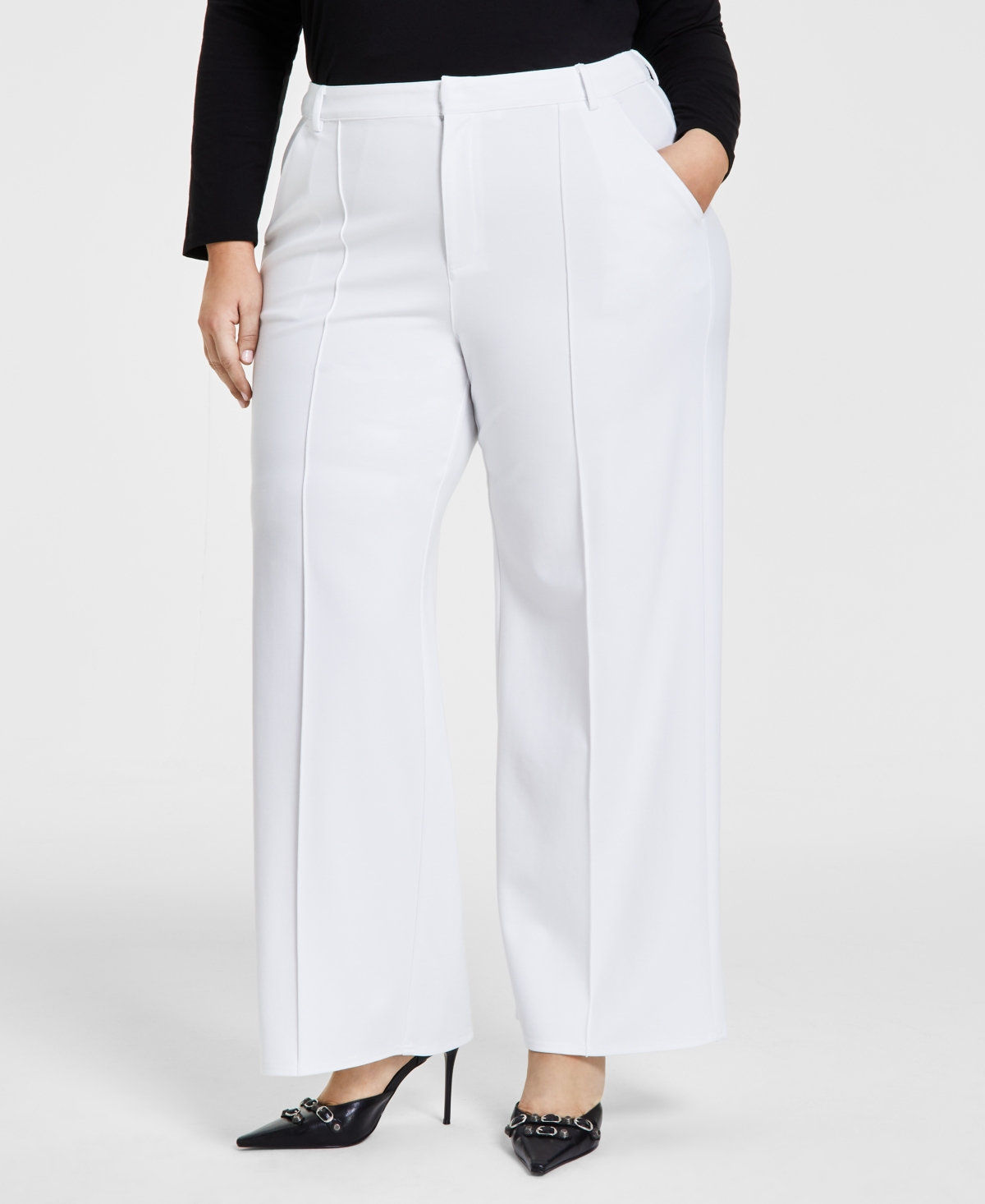 Trendy Plus Size High-Rise Wide-Leg Ponte-Knit Pants, Created for Macy's - Deep Black