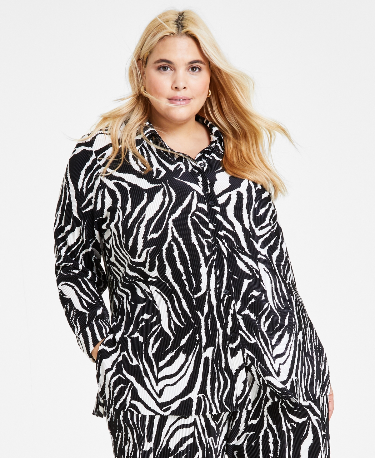 Plus Size Printed Plisse Button-Up Shirt, Created for Macy's - Chelsea Zebra