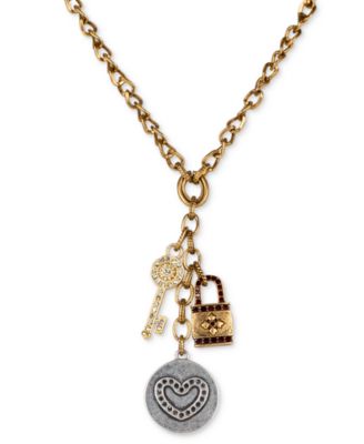 Patricia Nash - Two-Tone Pav&eacute; Heart, Lock & Key Multi-Charm Pendant Necklace, 18" + 3" extender