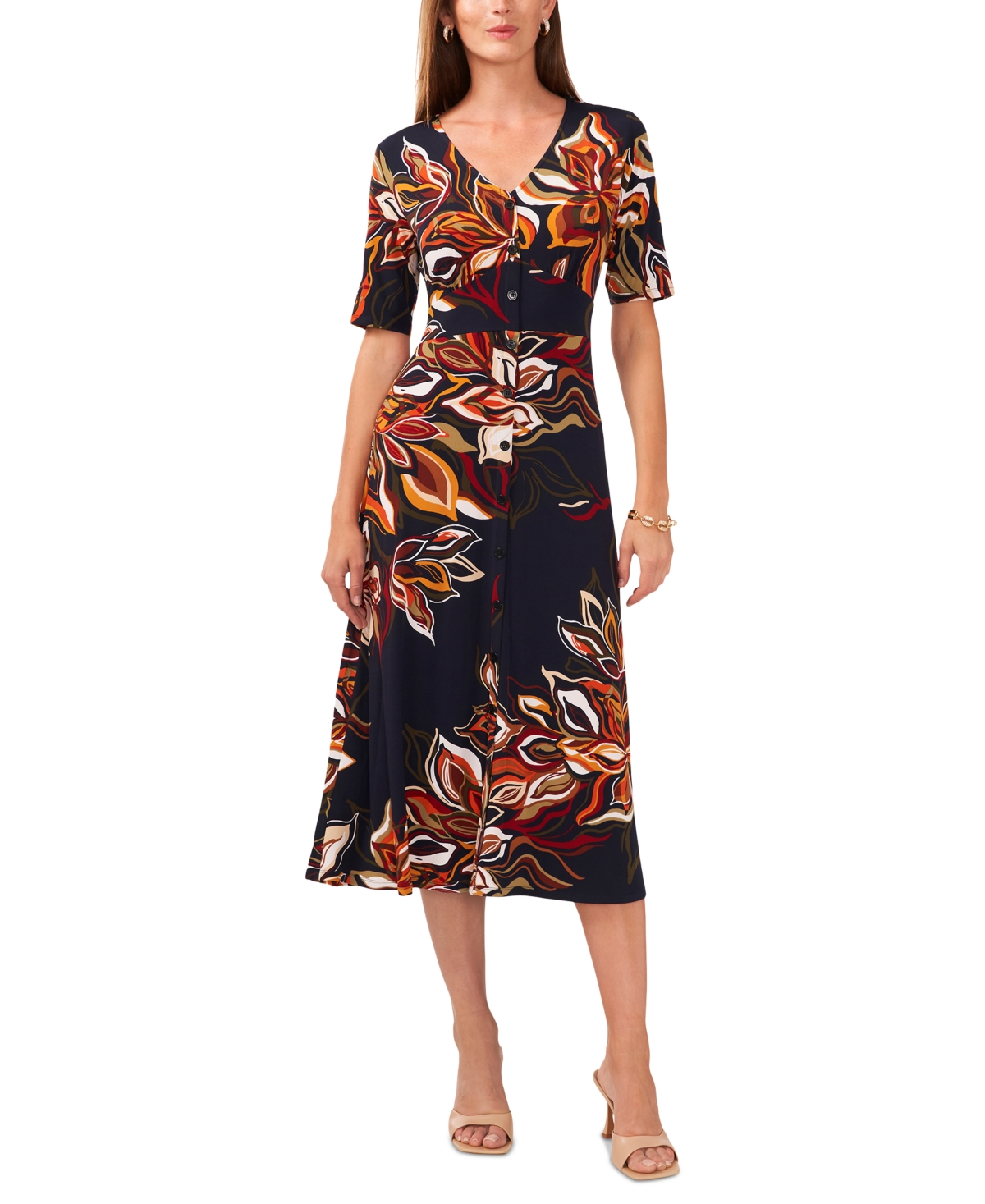 Women's Printed Button-Front Midi Dress - Navy Rust