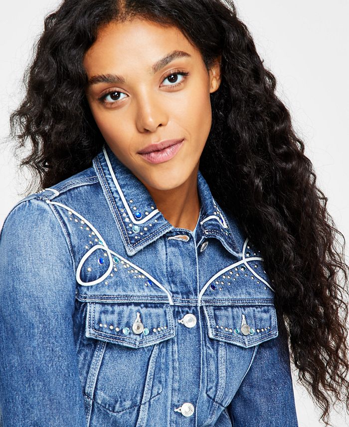 GUESS Women's Delya Embellished ButtonFront Trucker Jacket Macy's