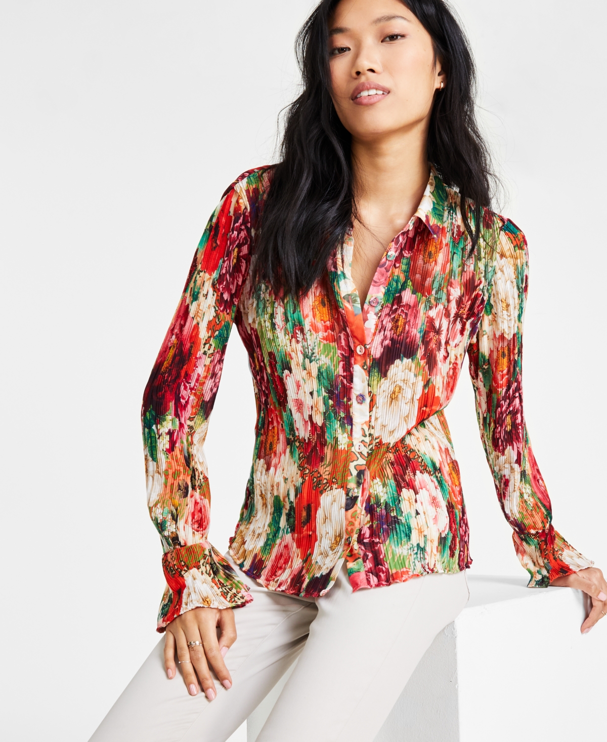 Shop Guess Women's Vivenne Floral-print Pleated Blouse In Peony Animal Print