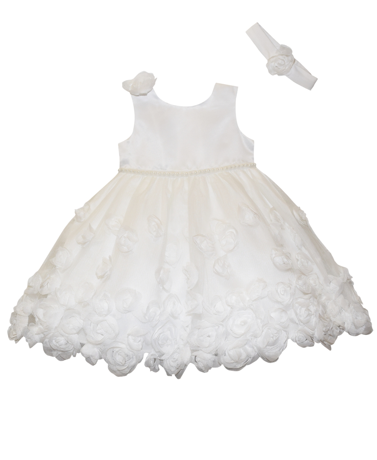 Blueberi Boulevard Baby Girls Fit-and-flare Sleeveless Rosettes Tulle Dress And Matching Headband Set In White