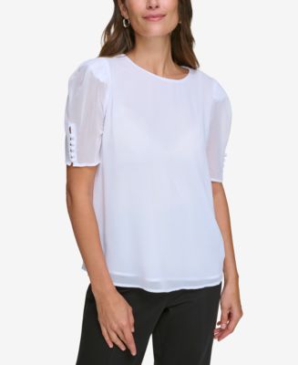 Calvin Klein Petite Cotton Elbow-Sleeve Tiered Shirtdress - Macy's