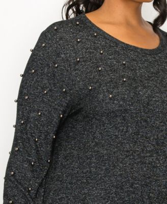Plus Size Long Sleeve Pullover Top with Gunmetal Studs