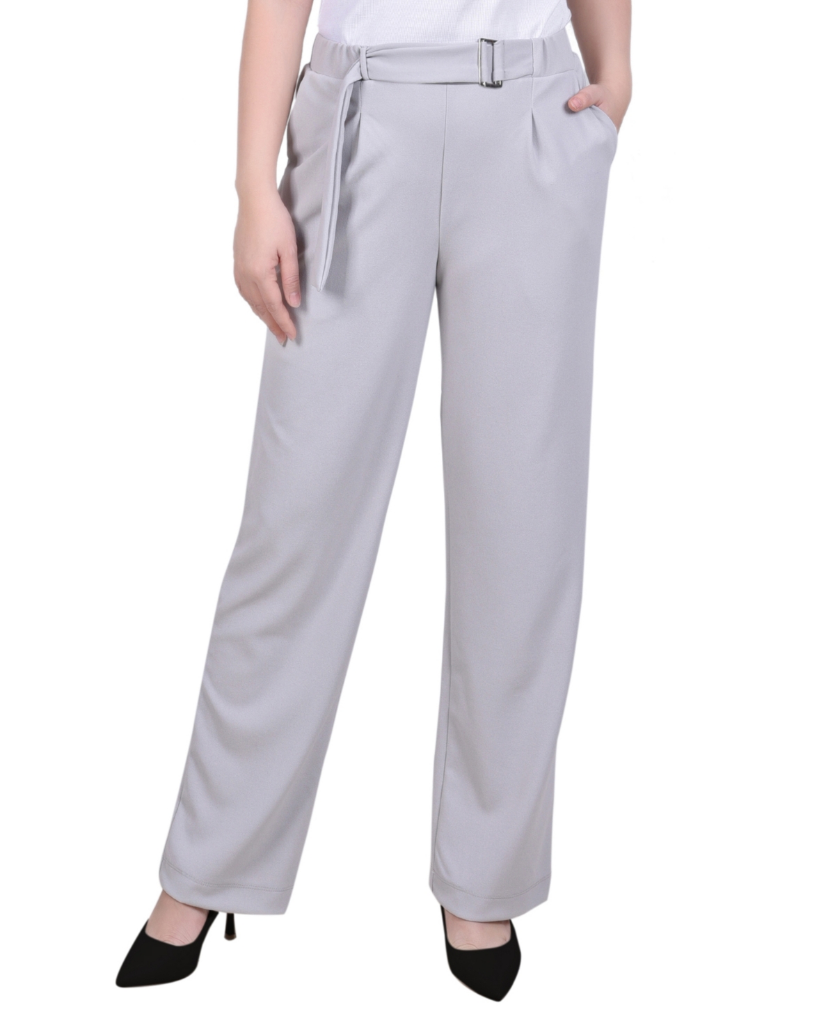 Shop Ny Collection Petite Belted Scuba Crepe Pants In Gray Violet