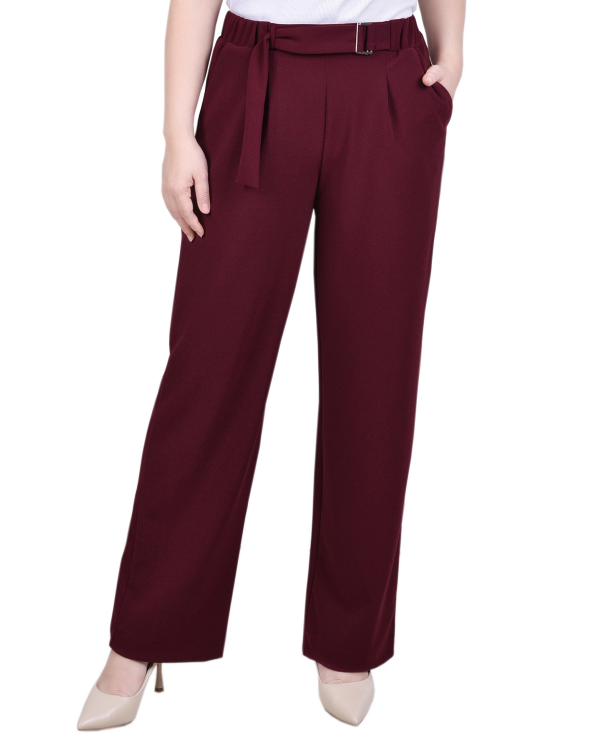 Shop Ny Collection Petite Belted Scuba Crepe Pants In Maroon Banner