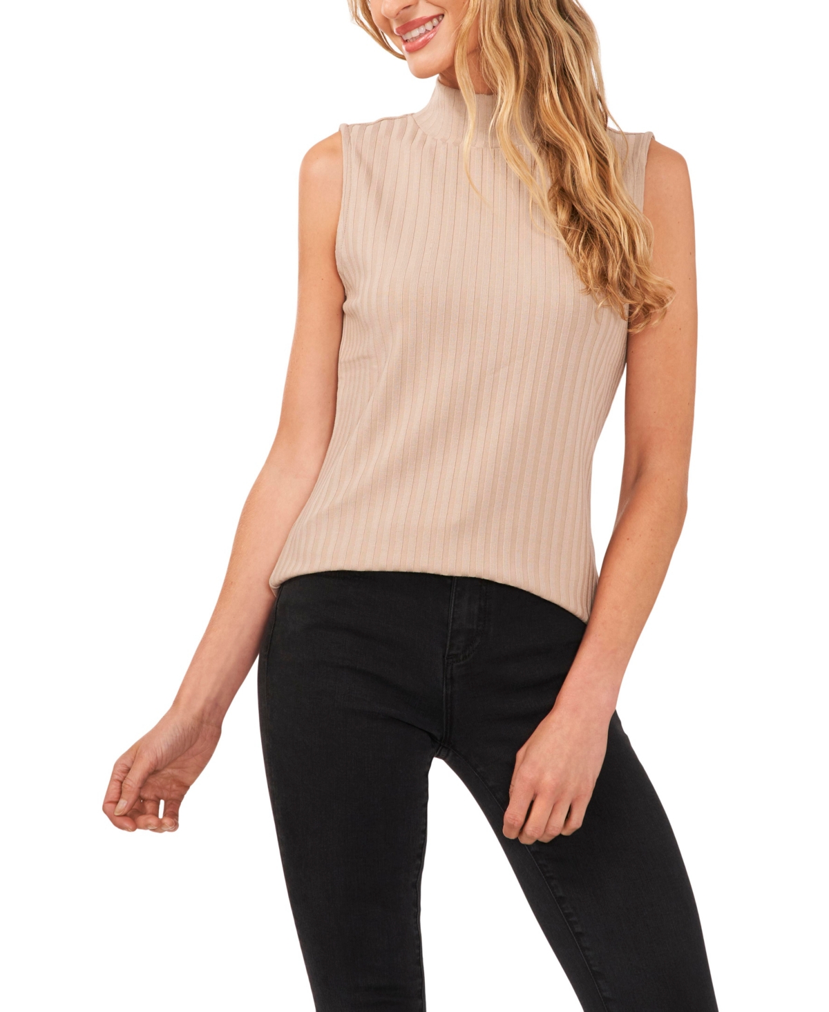 Shop Cece Women's Sleeveless Mock Neck Wide Rib Knit Top In Almond Cream