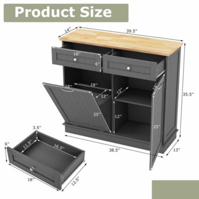 15.5 Gallon Kitchen Tilt Out Trash Cabinet Rubber Wood Tabletop 2 Drawers