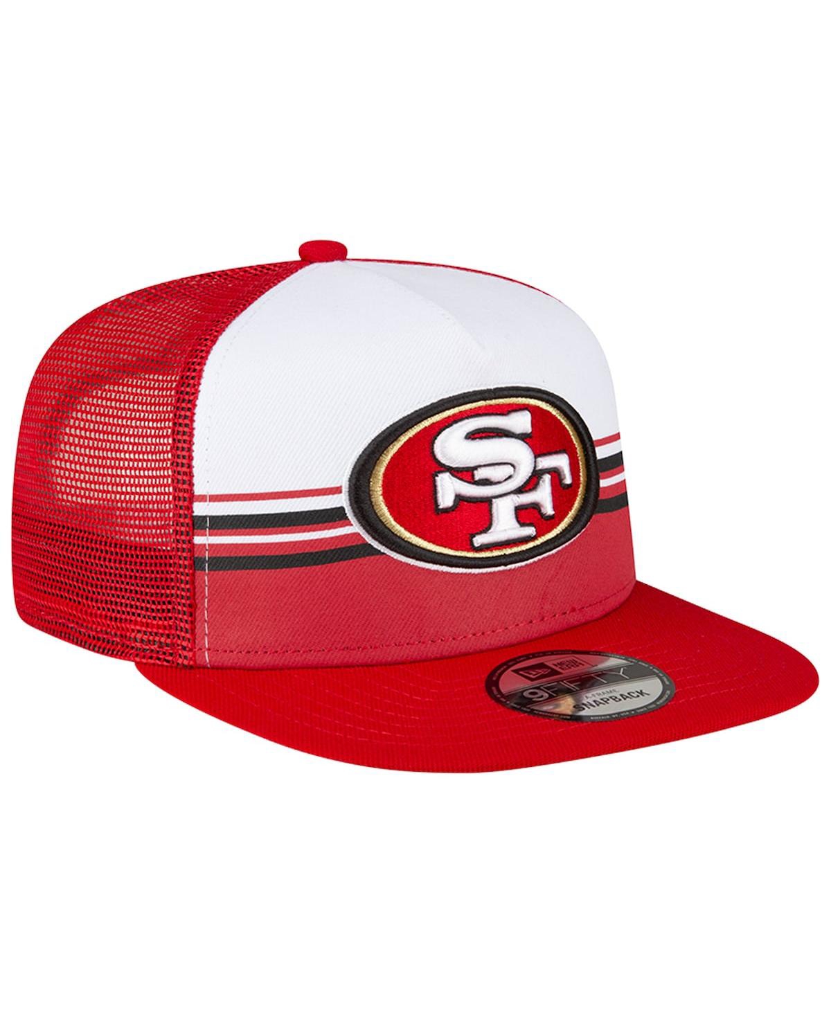 NEW ERA MEN'S NEW ERA WHITE, SCARLET SAN FRANCISCO 49ERS STRIPED A-FRAME 9FIFTY TRUCKER SNAPBACK HAT 