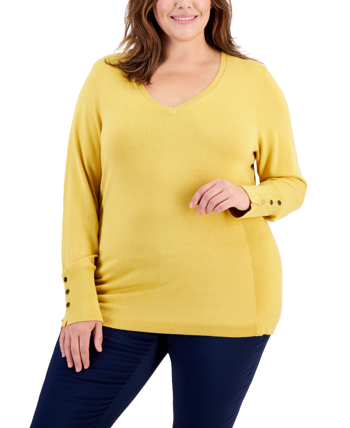 Jm Collection Plus Size Buttoned-cuff Sweater, Created For Macy's In Saffron Gold