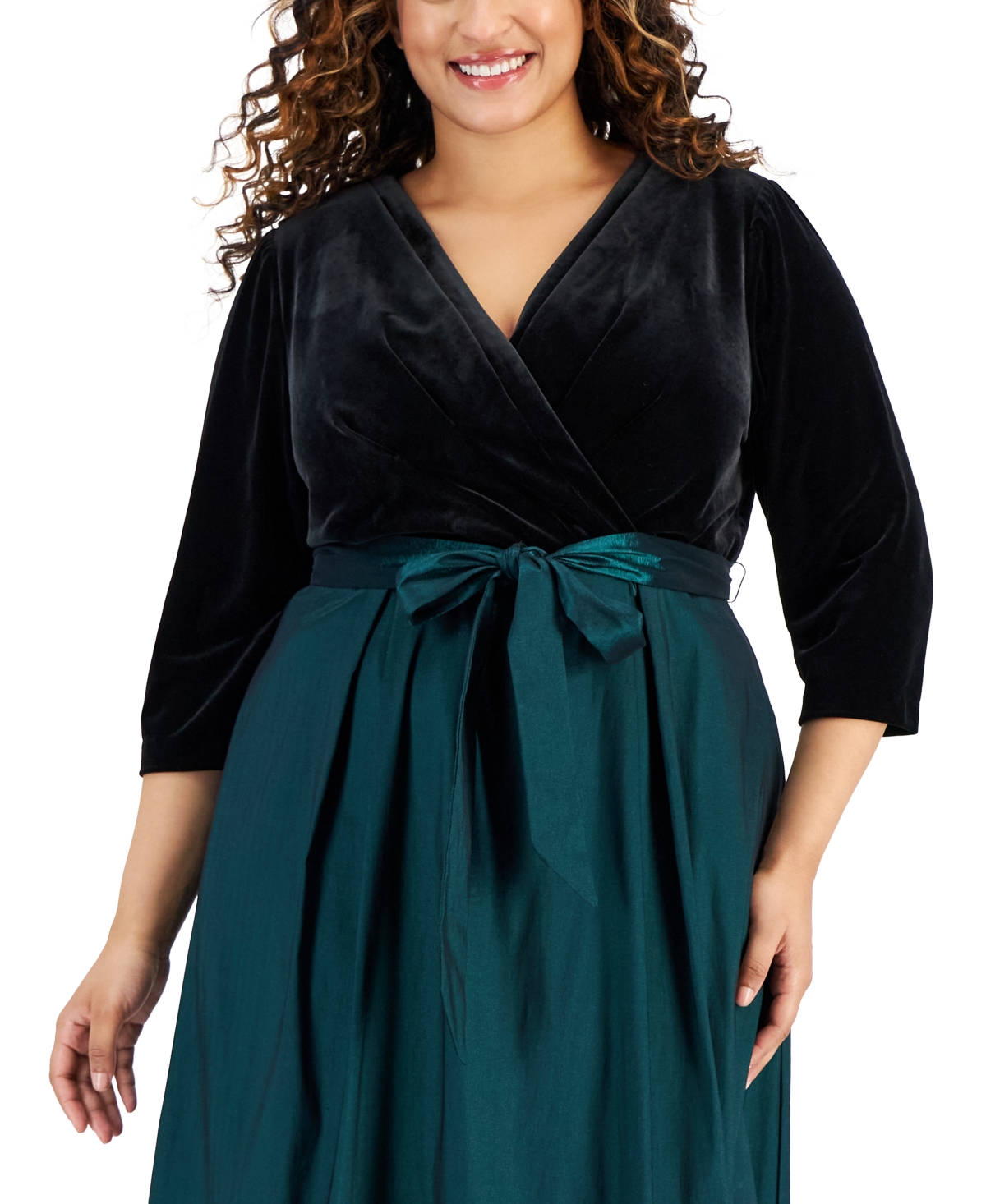 Shop Alex Evenings Plus Size Surplice-neck Mixed-media Dress In Black,emerald