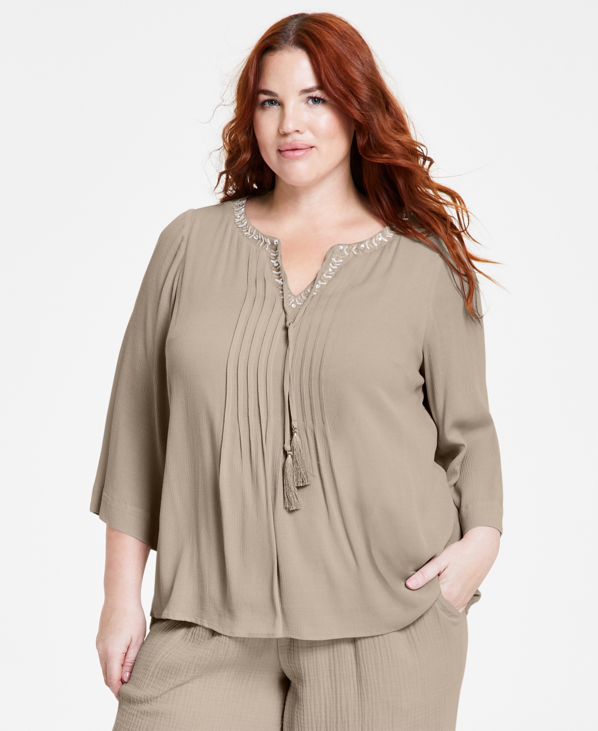 Jm Collection Plus Size Beaded-neck Gauze Top, Created For Macy's In Stone Wall
