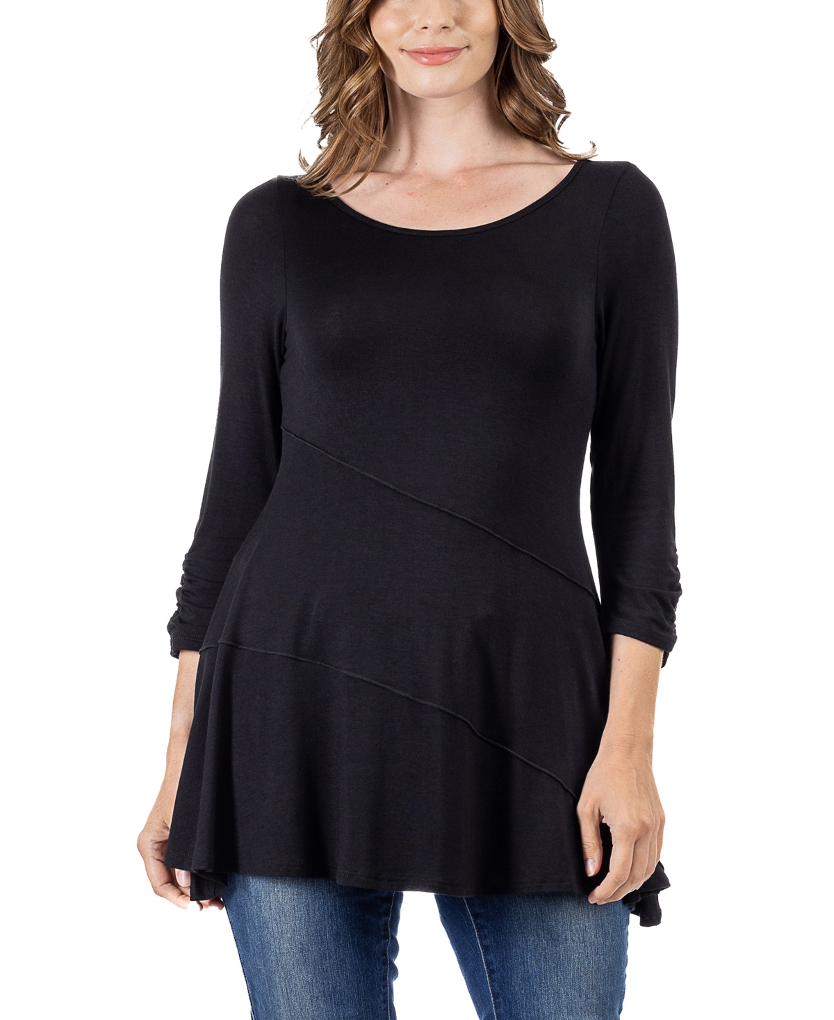 24seven Comfort Apparel Women's Ruched Sleeve Swing Tunic Top In Black