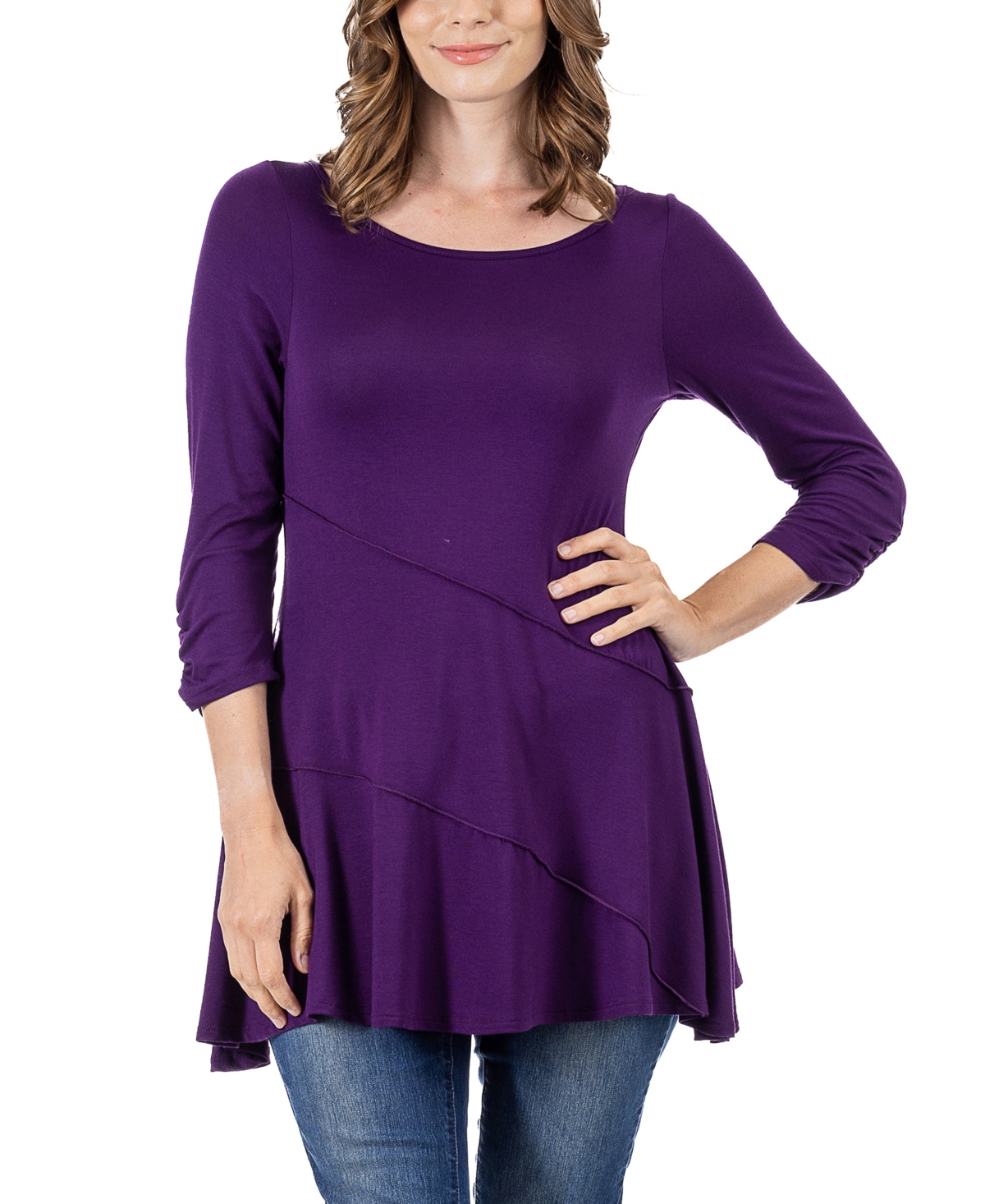 24seven Comfort Apparel Women's Ruched Sleeve Swing Tunic Top In Purple