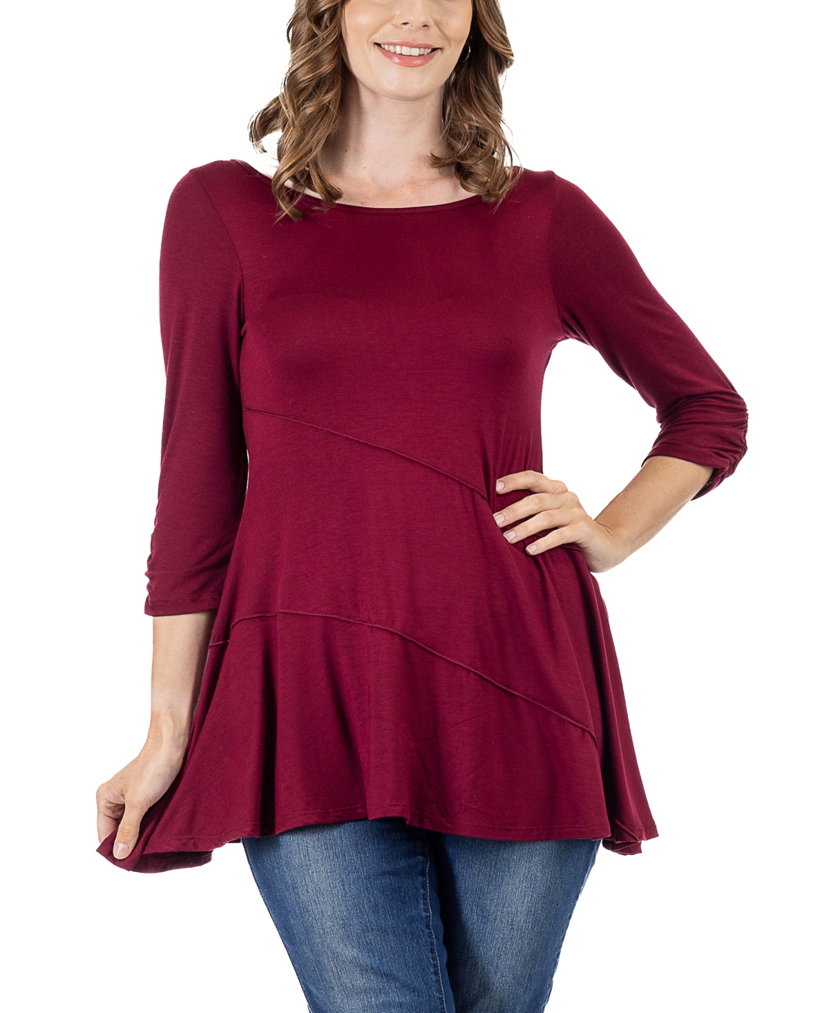 24seven Comfort Apparel Women's Ruched Sleeve Swing Tunic Top In Wine