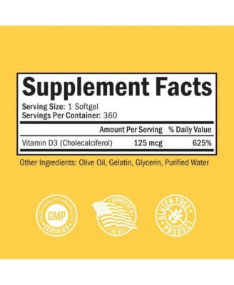 Vitamin D3 5000 IU (125 mcg) Natural Immune Support Supplement, Bone Strength, Healthy Muscle Function, with Olive Oil for Highest Absorption, Gluten Free & Non-GMO, 1 Year Supply, 360 Softgels
