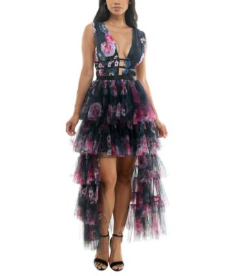 【PRIVEVE】 CHECK SHEER TIERED DRESS Tiered Organza Gown With Beaded Bodice In Navy - Adrianna Papell