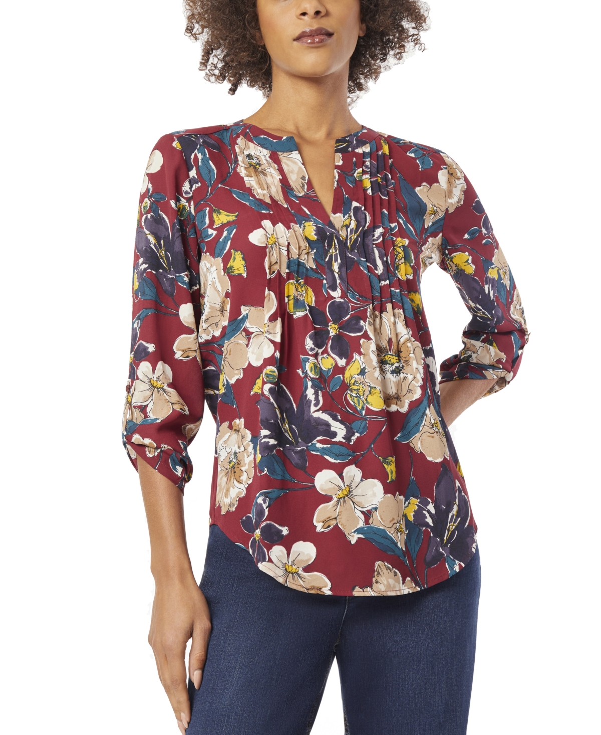 Shop Jones New York Women's Floral-print Pintuck Roll-tab Shirt In Bordeaux Multi