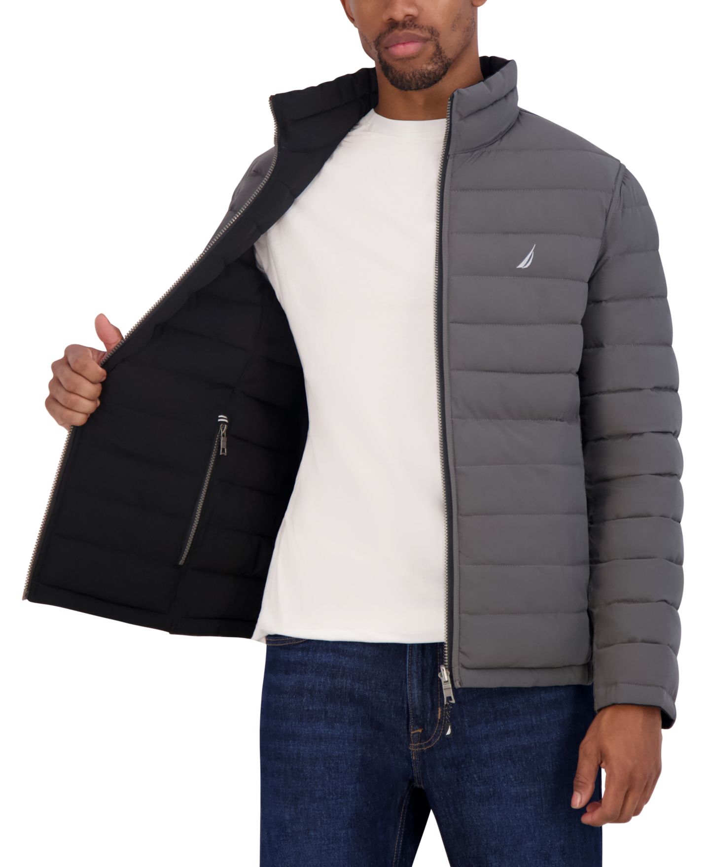 Мужская куртка Nautica Reversible Quilted Puffer, цвет: Чёрный / Серый — фото 8