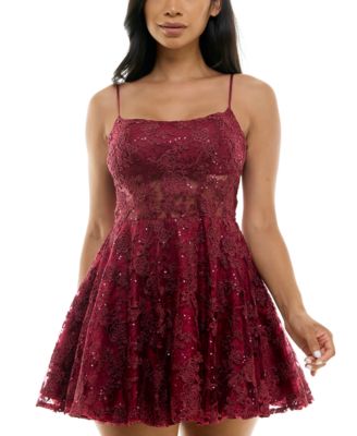 B Darlin Juniors' Scoop-Neck Embroidered Sequin Fit & Flare Dress - Macy's