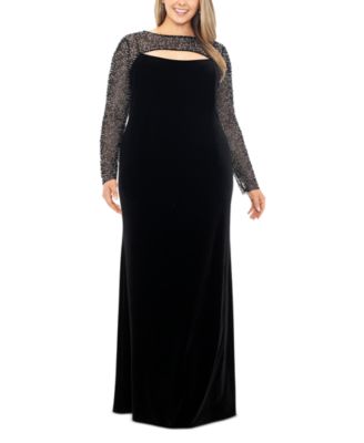 Betsy & Adam - Plus Size Beaded Illusion Velvet Gown
