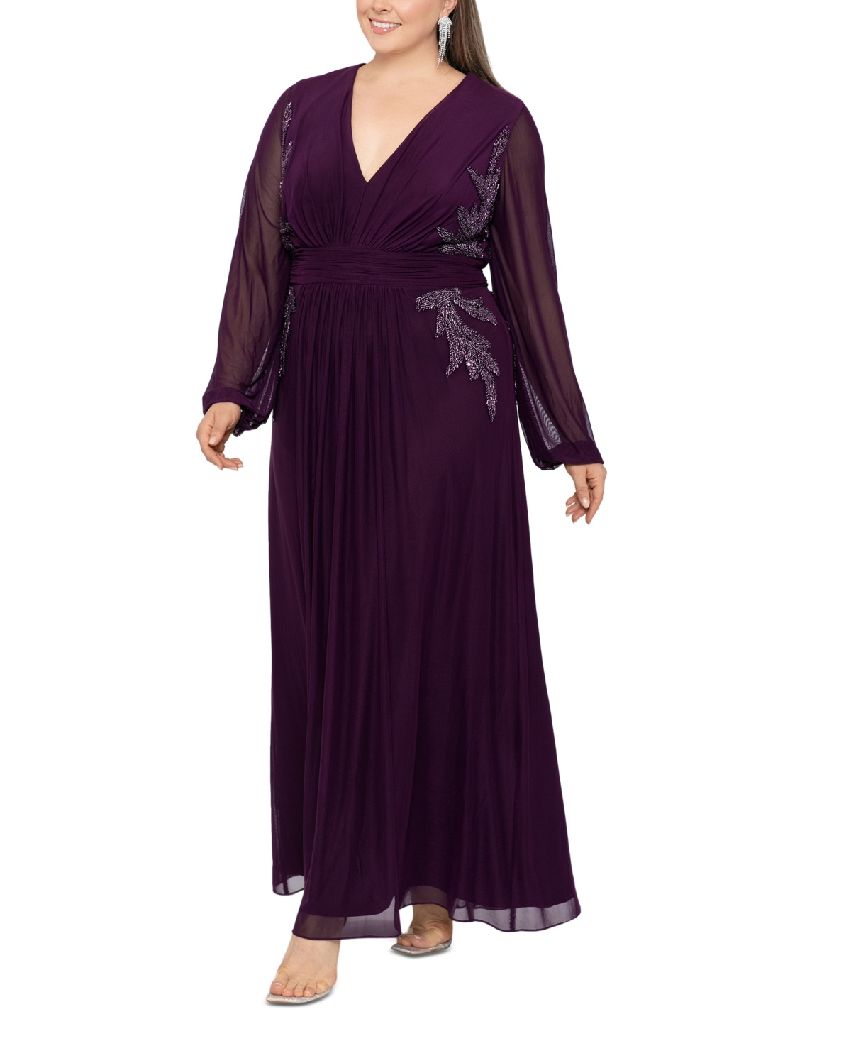 Betsy Adam Plus Size Beaded Applique V Neck Gown Plum Smart Closet