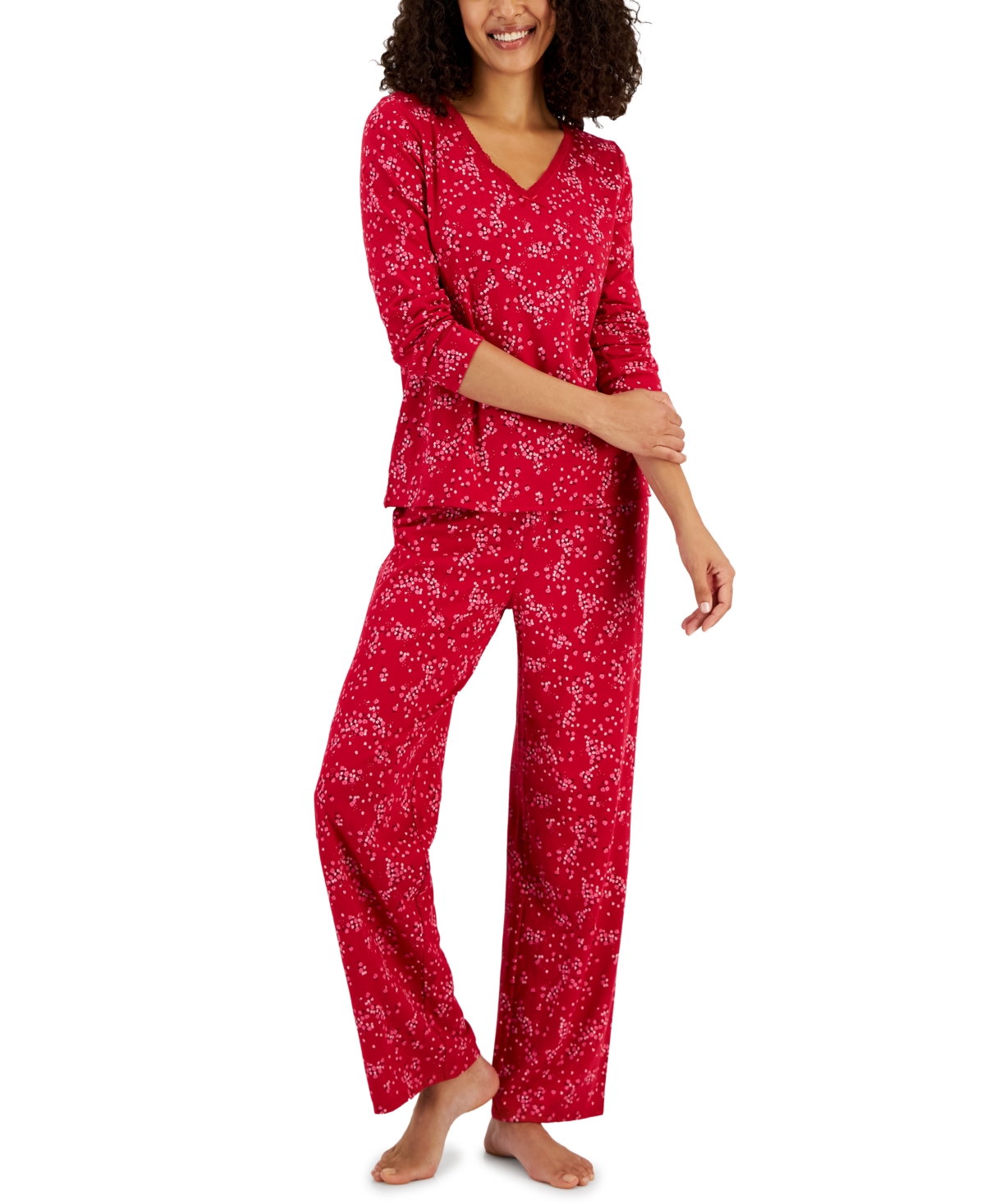 Charter Club Women's Cotton Long-sleeve Lace-trim Pajamas Set, Created For Macy's In Pink Floral