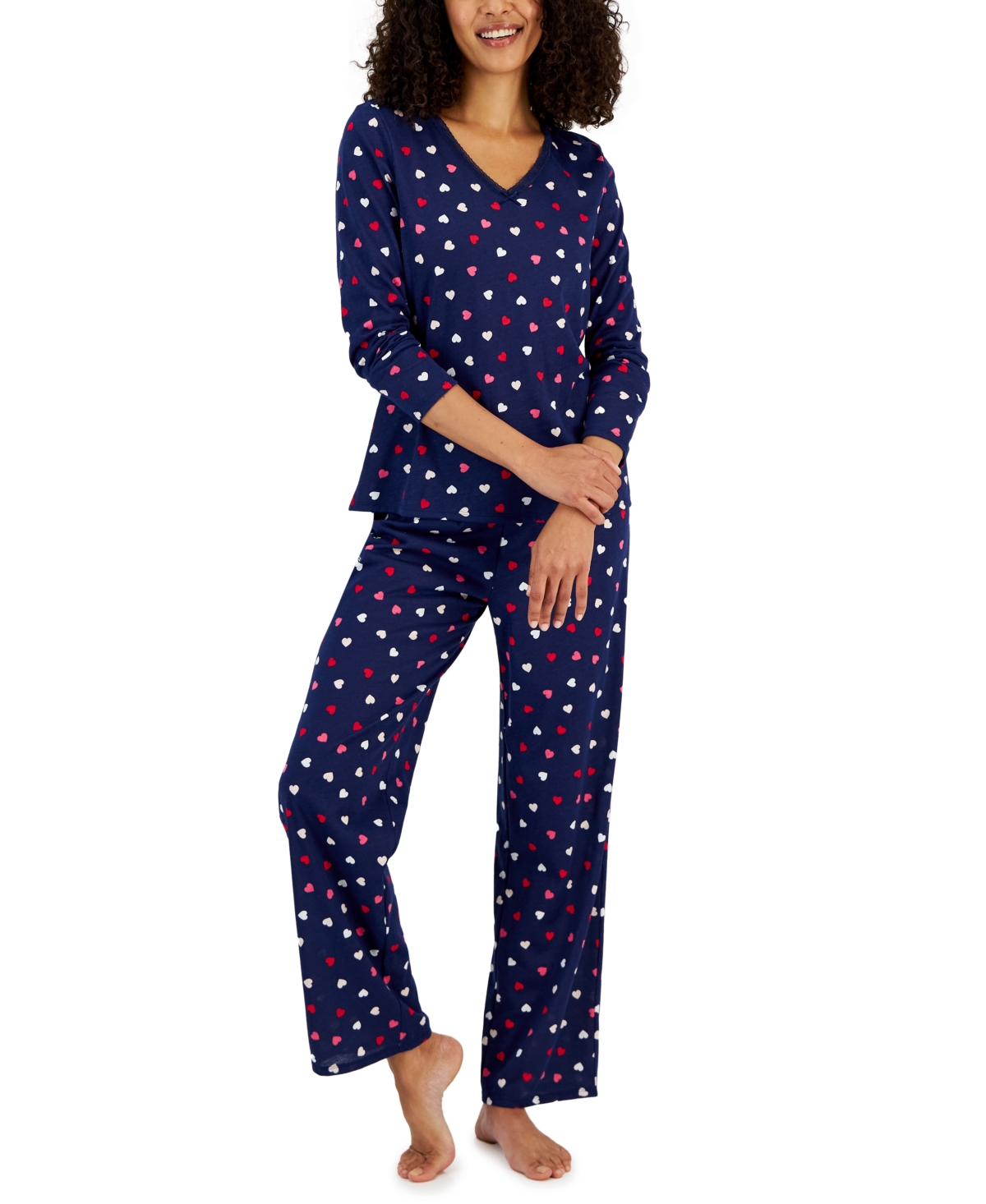 Charter Club Women's Cotton Long-sleeve Lace-trim Pajamas Set, Created For Macy's In Multi Hearts