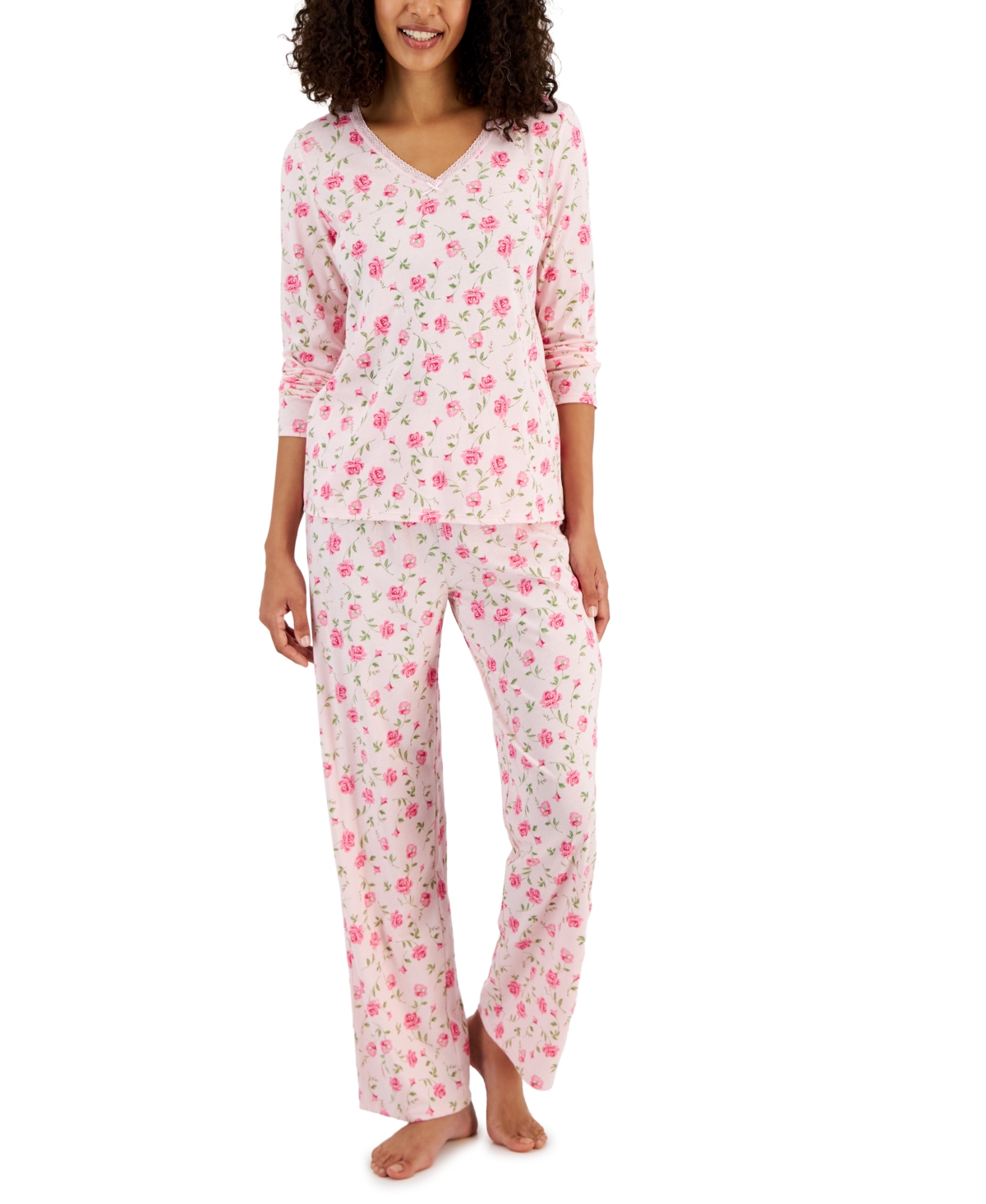 Charter Club Women's Cotton Long-Sleeve Lace-Trim Pajamas Set, Created for Macy's