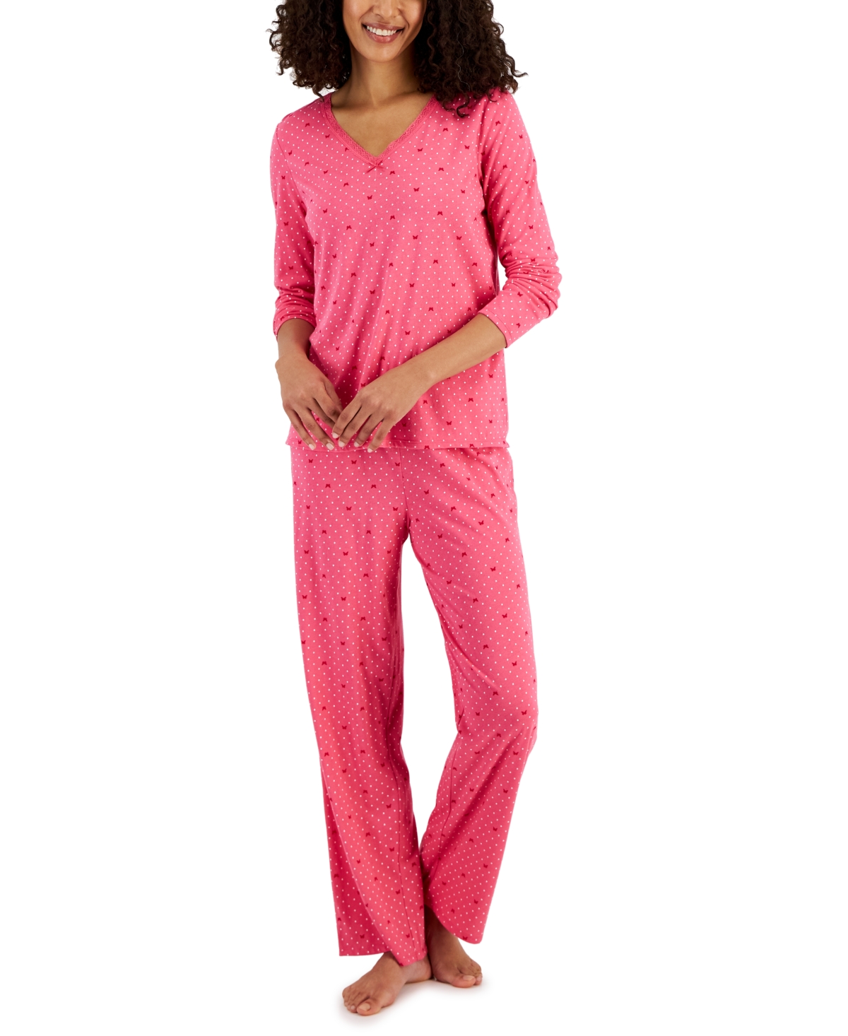 Charter Club Women's Cotton Long-sleeve Lace-trim Pajamas Set, Created For Macy's In Butterfly Dots