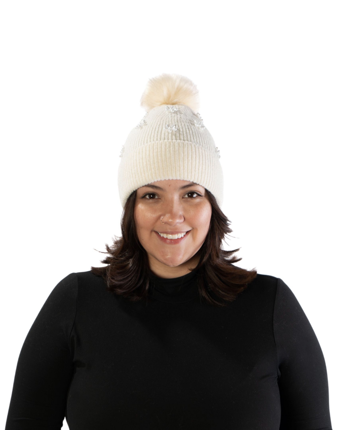Marcus Adler Imitation Pearl Flower Pom Beanie In Ivory